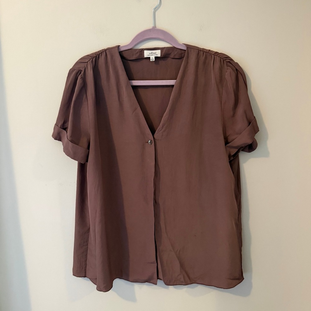 Wilfred Aritzia Murphy Blouse Brown Mauve V-Neck Short Sleeve Top Size M